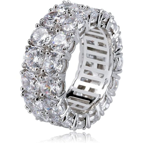 14K Silver / Gold Plated Iced Out Lab Diamond 9mm 2Rows Round Cut  Band … - Picture 2 of 14